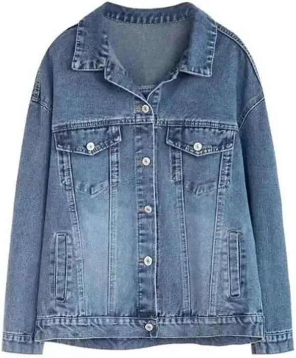 Vsadsau Women's Retro Denim Jacket Casual Long Sleeve Lapel Single Breasted Jean Coats