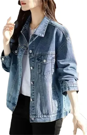 Vsadsau Women's Retro Denim Jacket Casual Long Sleeve Lapel Single Breasted Jean Coats