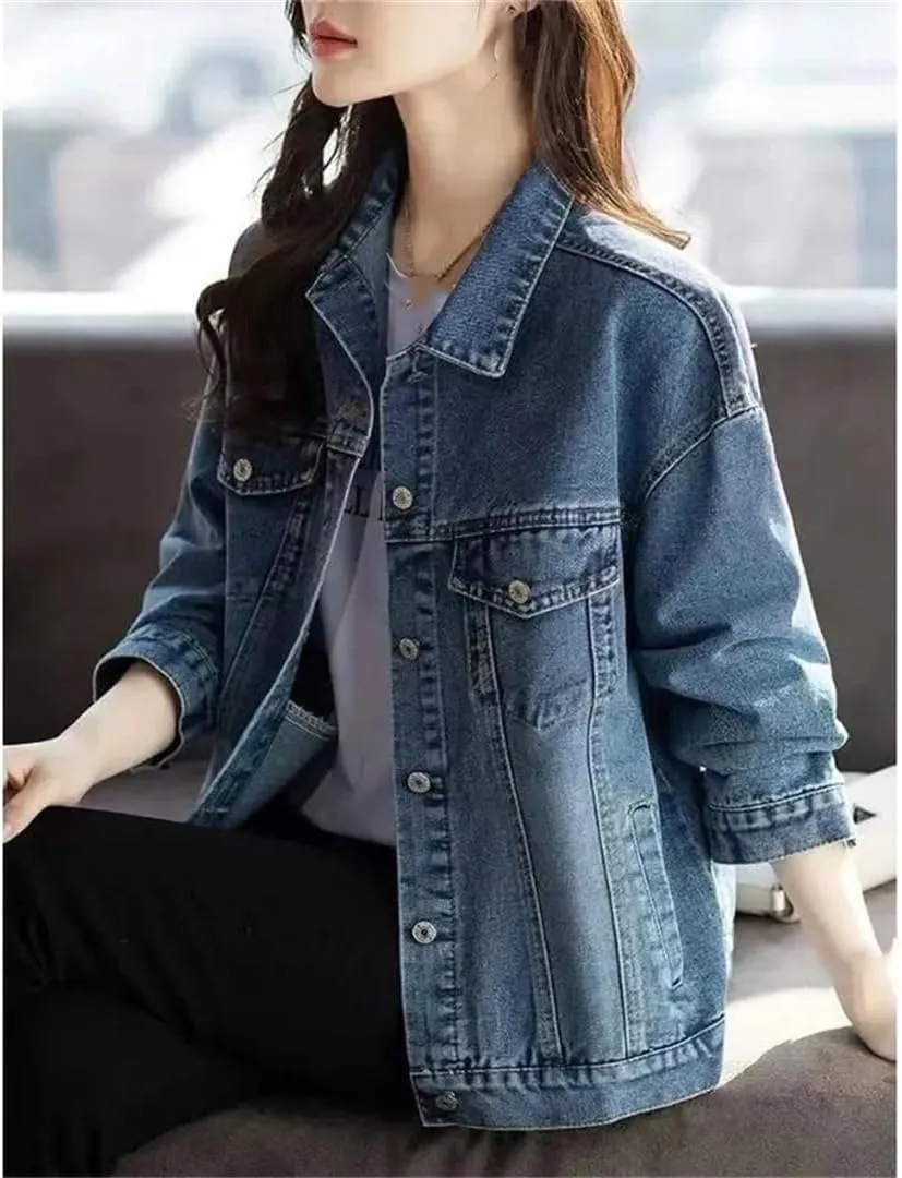 Vsadsau Women's Retro Denim Jacket Casual Long Sleeve Lapel Single Breasted Jean Coats
