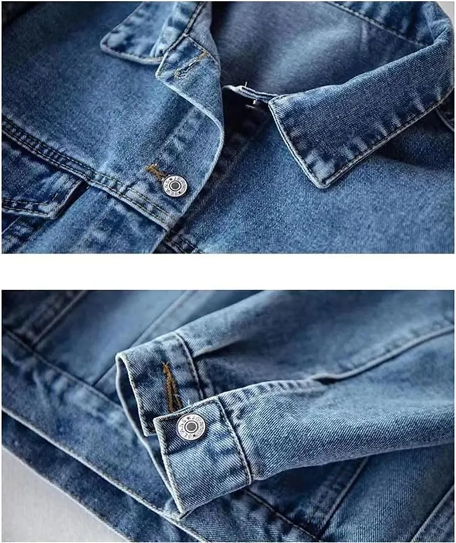 Vsadsau Women's Retro Denim Jacket Casual Long Sleeve Lapel Single Breasted Jean Coats