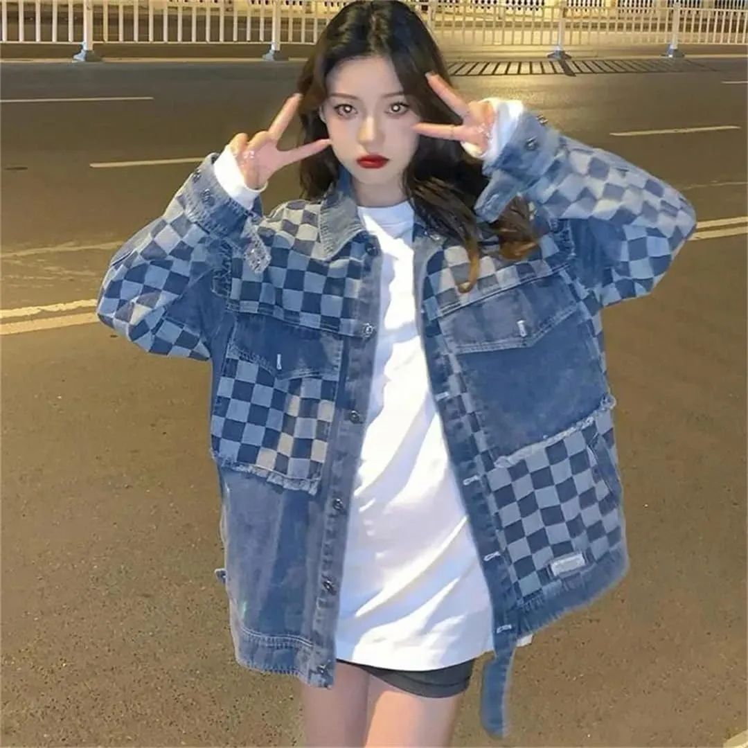 Vsadsau Women's Retro Splicing Denim Jacket Loose Casual Long Sleeve Single-Breasted Jean Coats