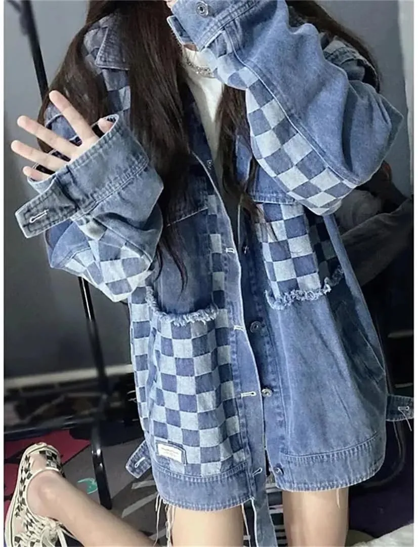 Vsadsau Women's Retro Splicing Denim Jacket Loose Casual Long Sleeve Single-Breasted Jean Coats