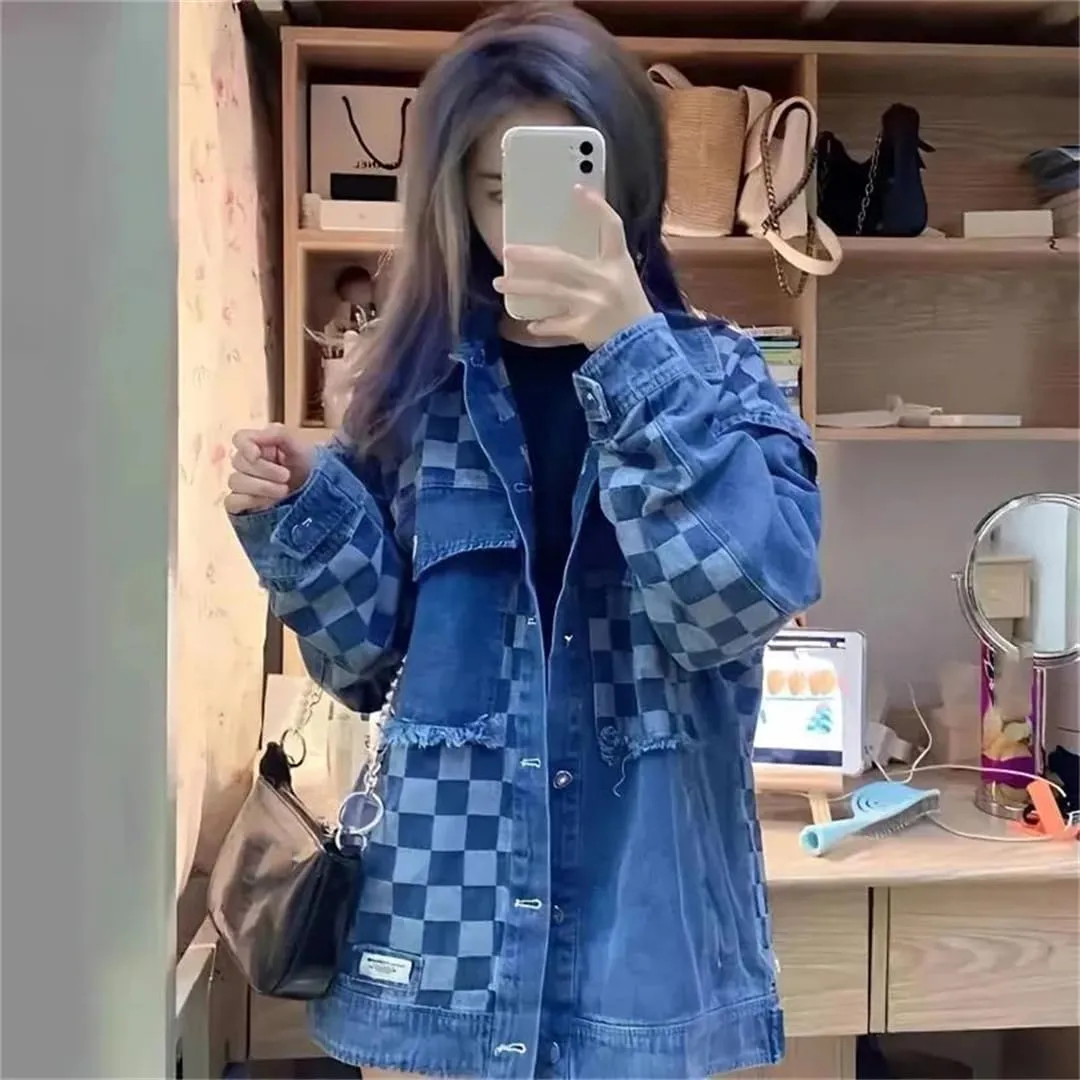 Vsadsau Women's Retro Splicing Denim Jacket Loose Casual Long Sleeve Single-Breasted Jean Coats
