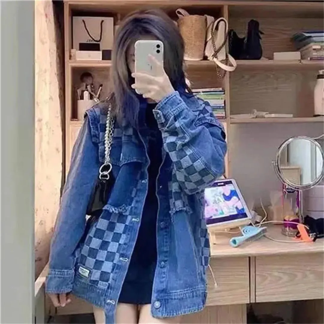 Vsadsau Women's Retro Splicing Denim Jacket Loose Casual Long Sleeve Single-Breasted Jean Coats