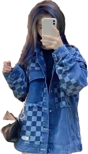 Vsadsau Women's Retro Splicing Denim Jacket Loose Casual Long Sleeve Single-Breasted Jean Coats