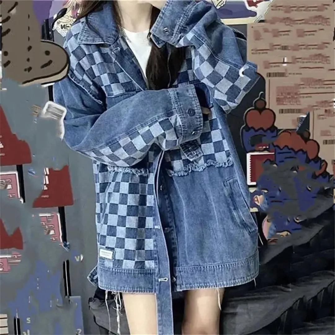 Vsadsau Women's Retro Splicing Denim Jacket Loose Casual Long Sleeve Single-Breasted Jean Coats