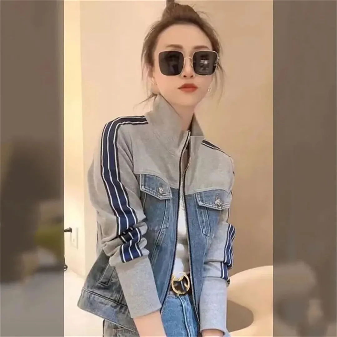 Vsadsau Women's Retro Splicing Denim Jacket Zipper Short Mock Neck Long Sleeve Casual Jean Coats