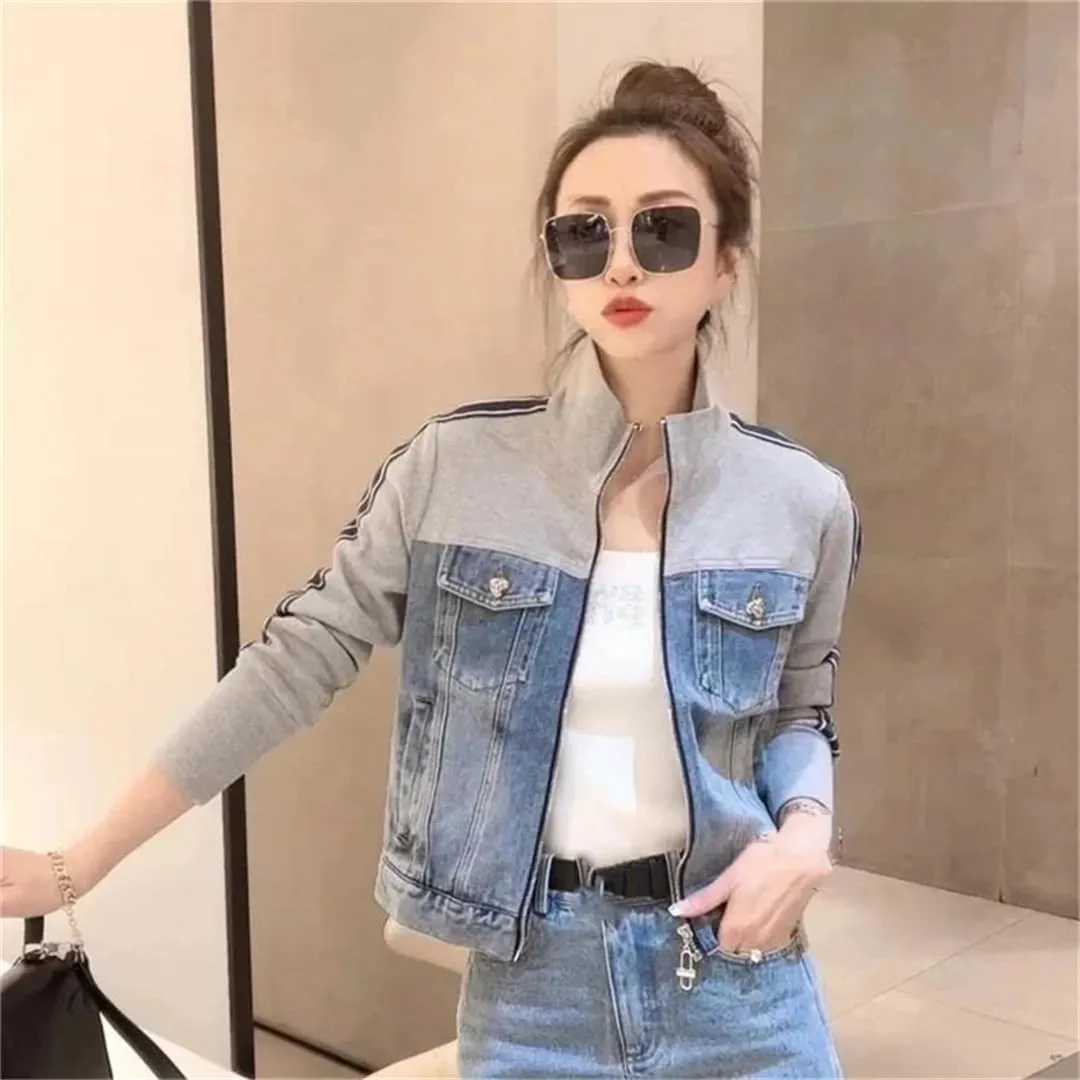 Vsadsau Women's Retro Splicing Denim Jacket Zipper Short Mock Neck Long Sleeve Casual Jean Coats
