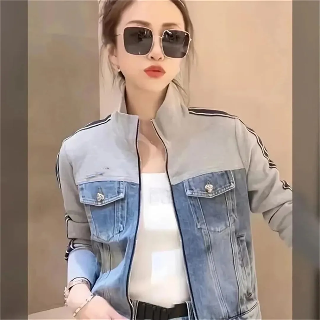 Vsadsau Women's Retro Splicing Denim Jacket Zipper Short Mock Neck Long Sleeve Casual Jean Coats