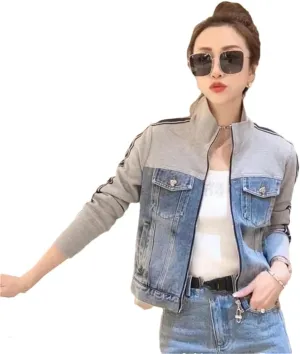 Vsadsau Women's Retro Splicing Denim Jacket Zipper Short Mock Neck Long Sleeve Casual Jean Coats