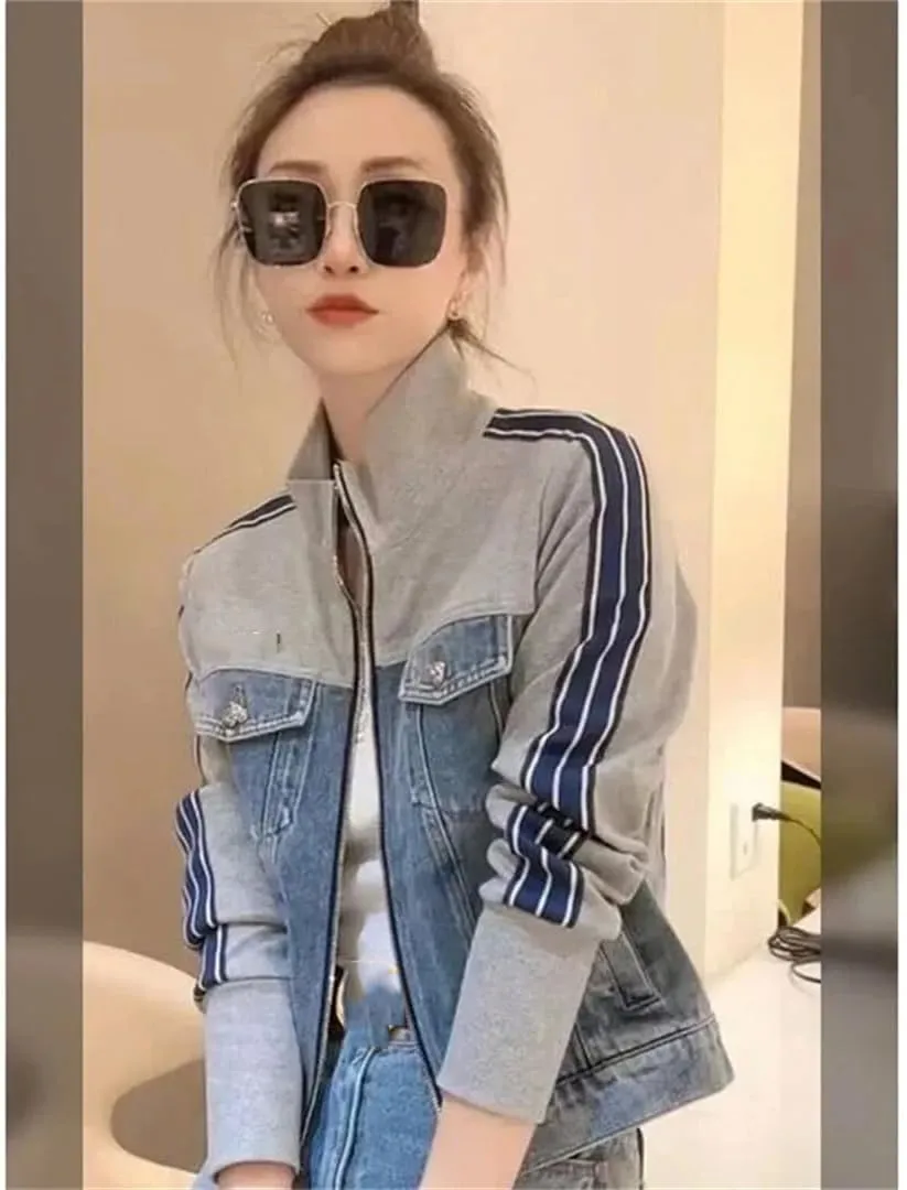 Vsadsau Women's Retro Splicing Denim Jacket Zipper Short Mock Neck Long Sleeve Casual Jean Coats
