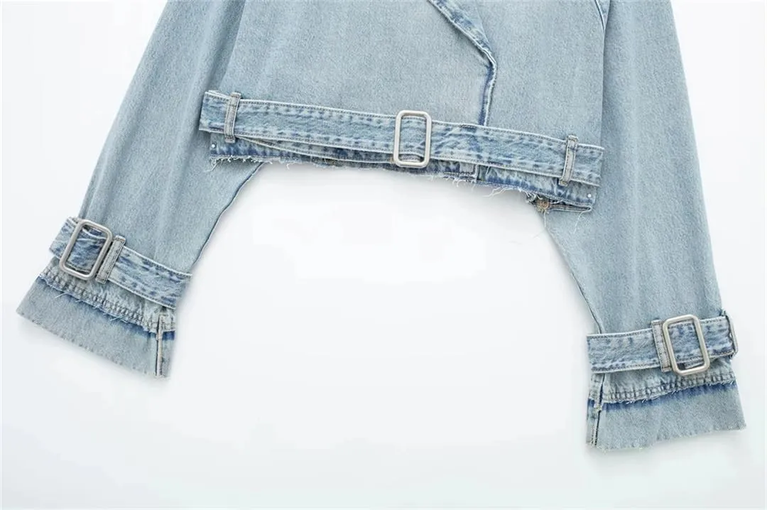 Vsadsau Women's Short Denim Jacket Casual Belt Long Sleeve Double-Breasted Street Casual Jean Coats