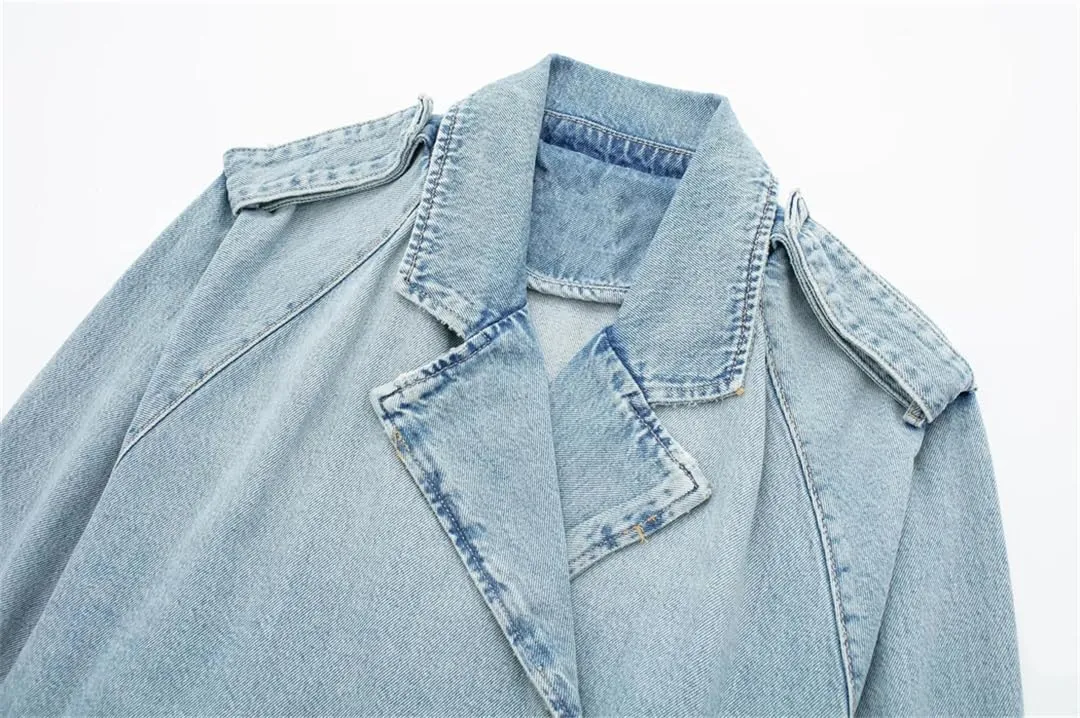 Vsadsau Women's Short Denim Jacket Casual Belt Long Sleeve Double-Breasted Street Casual Jean Coats