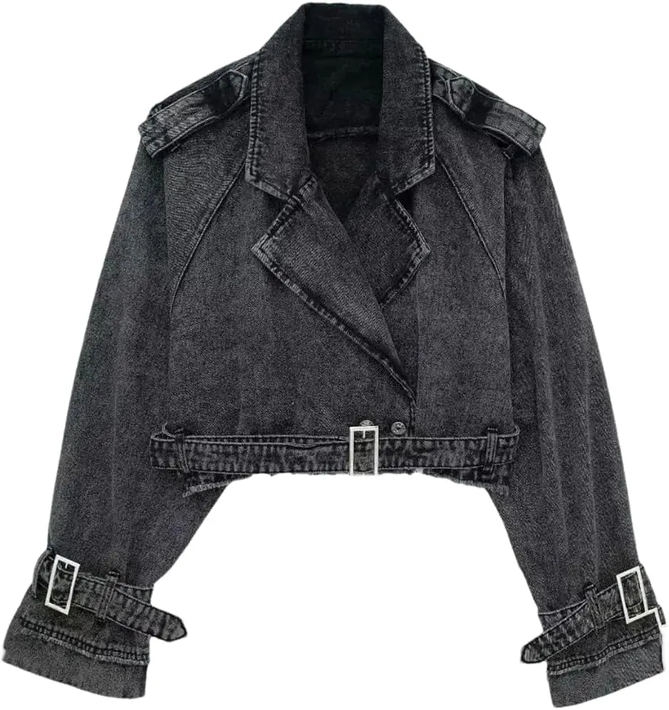 Vsadsau Women's Short Denim Jacket Casual Belt Long Sleeve Double-Breasted Street Casual Jean Coats