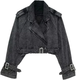 Vsadsau Women's Short Denim Jacket Casual Belt Long Sleeve Double-Breasted Street Casual Jean Coats