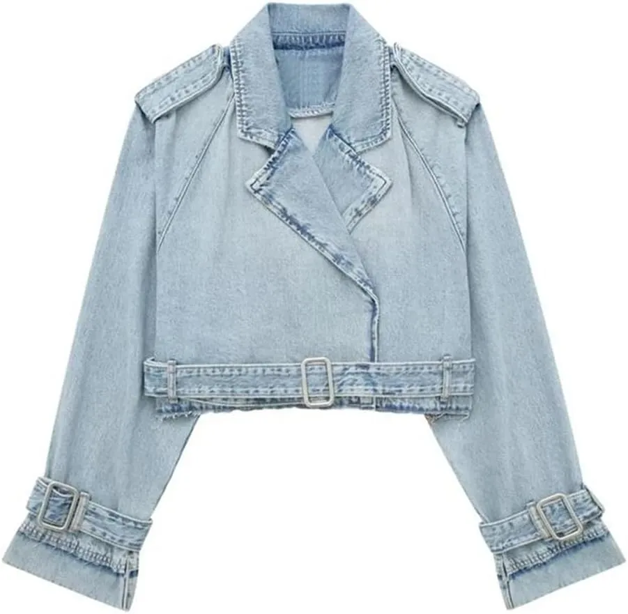 Vsadsau Women's Short Denim Jacket Casual Belt Long Sleeve Double-Breasted Street Casual Jean Coats