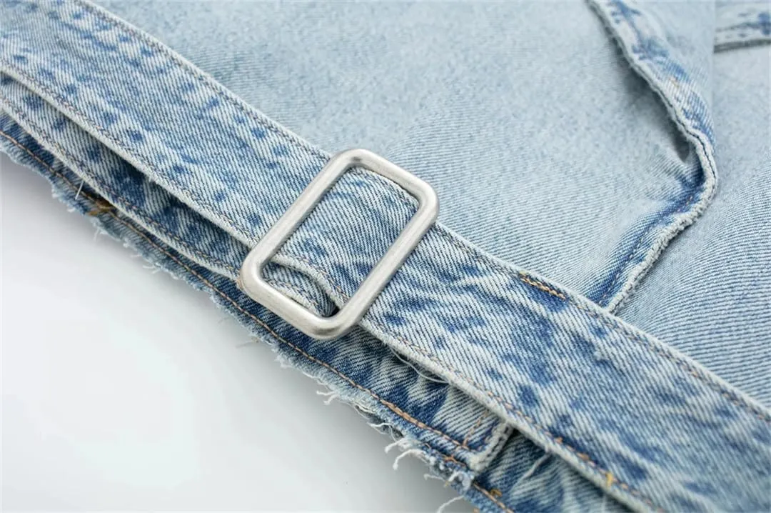 Vsadsau Women's Short Denim Jacket Casual Belt Long Sleeve Double-Breasted Street Casual Jean Coats