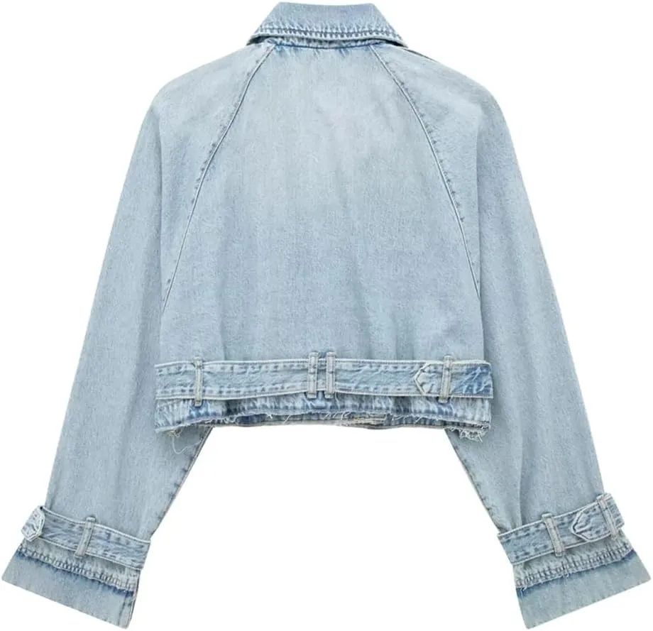 Vsadsau Women's Short Denim Jacket Casual Belt Long Sleeve Double-Breasted Street Casual Jean Coats