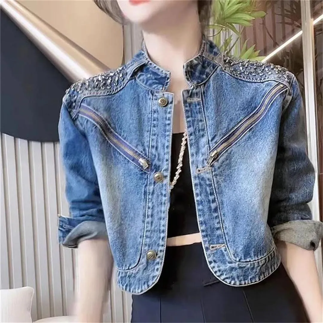 Vsadsau Women's Short Denim Jacket Single-Breasted Casual Mock Neck Long-Sleeved Sequined Jean Coats