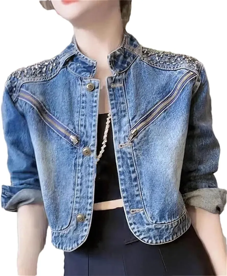 Vsadsau Women's Short Denim Jacket Single-Breasted Casual Mock Neck Long-Sleeved Sequined Jean Coats