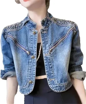 Vsadsau Women's Short Denim Jacket Single-Breasted Casual Mock Neck Long-Sleeved Sequined Jean Coats