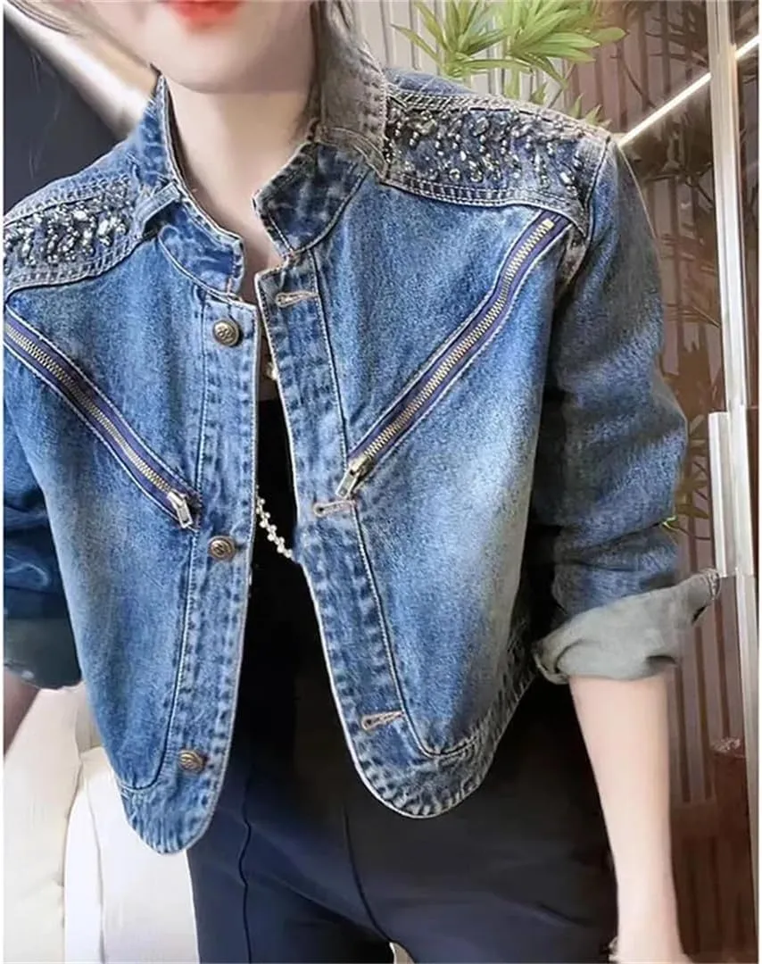 Vsadsau Women's Short Denim Jacket Single-Breasted Casual Mock Neck Long-Sleeved Sequined Jean Coats