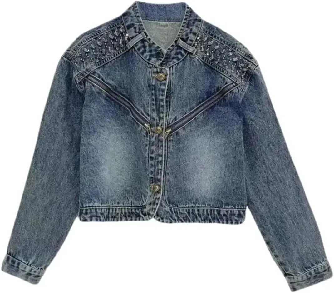 Vsadsau Women's Short Denim Jacket Single-Breasted Casual Mock Neck Long-Sleeved Sequined Jean Coats