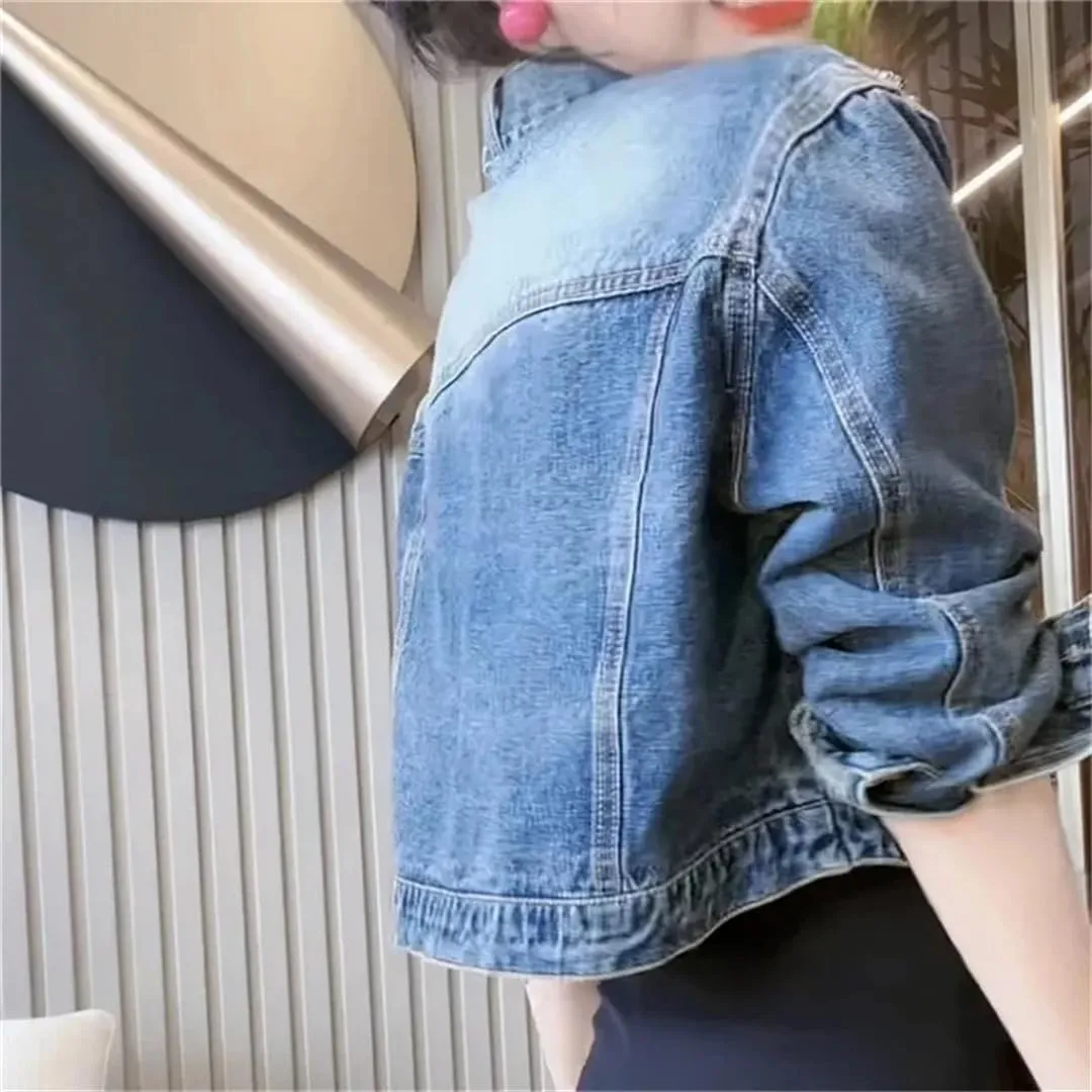 Vsadsau Women's Short Denim Jacket Single-Breasted Casual Mock Neck Long-Sleeved Sequined Jean Coats