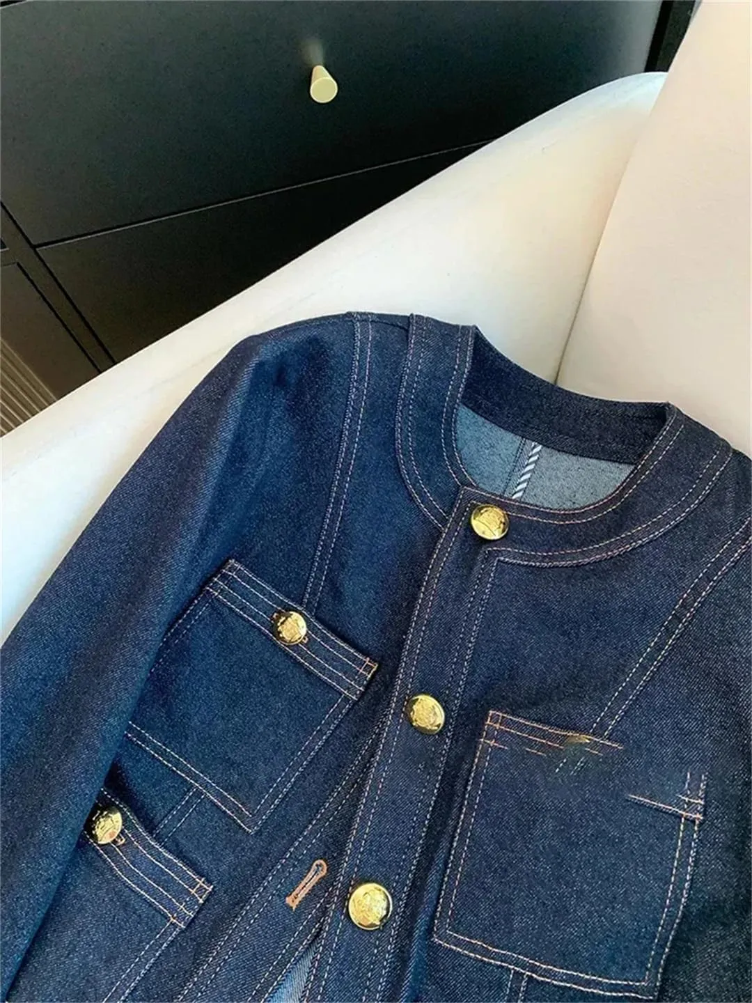Vsadsau Women's Solid Color Denim Jacket With Pockets Crewneck Loose Casual Long-Sleeved Jean Coats
