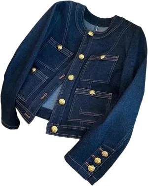 Vsadsau Women's Solid Color Denim Jacket With Pockets Crewneck Loose Casual Long-Sleeved Jean Coats