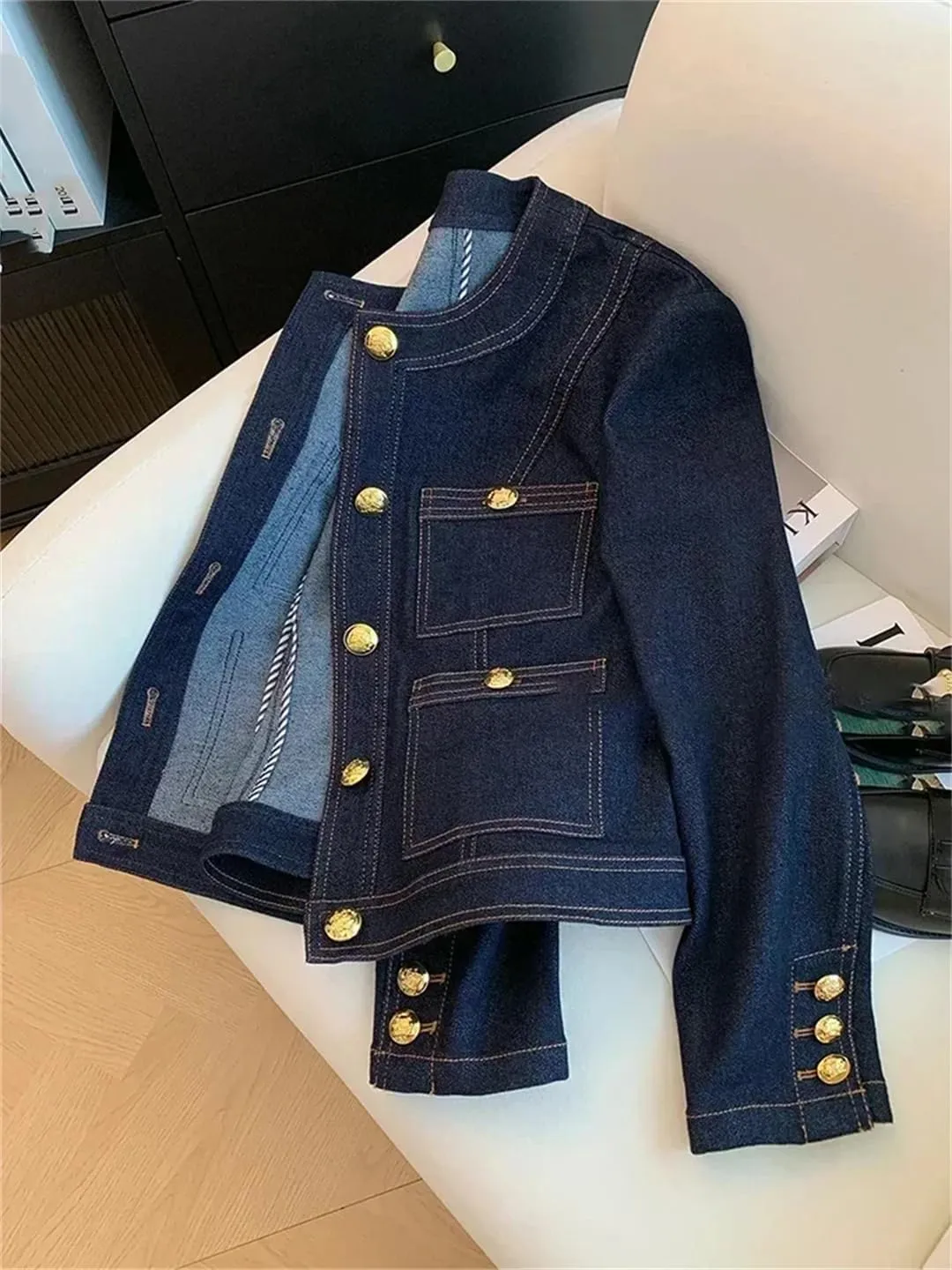 Vsadsau Women's Solid Color Denim Jacket With Pockets Crewneck Loose Casual Long-Sleeved Jean Coats