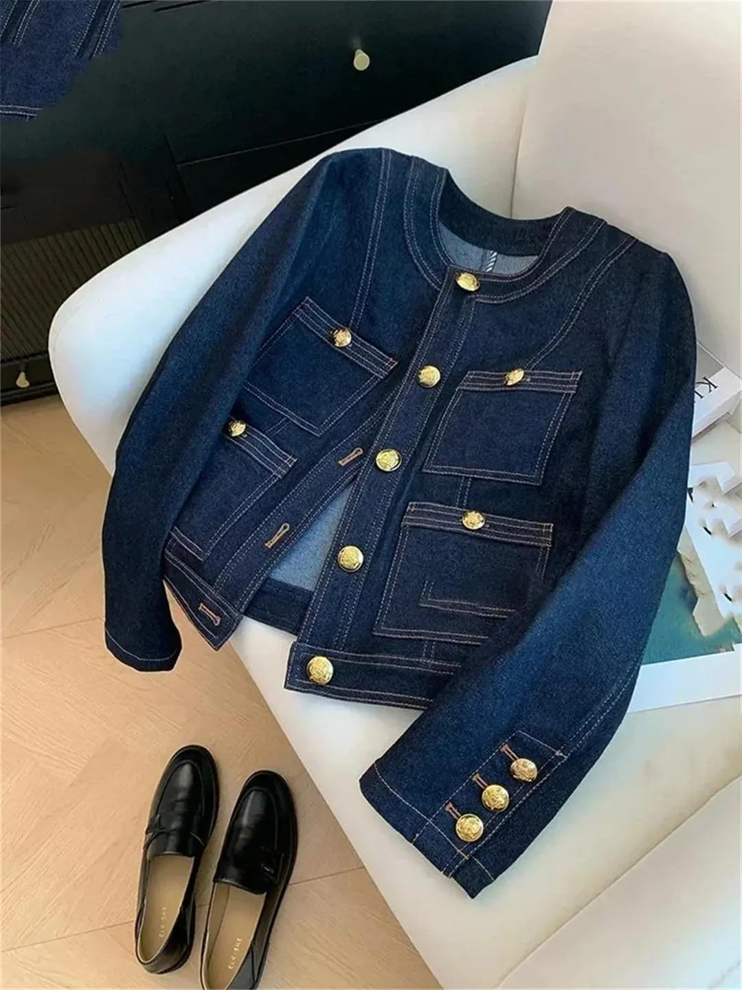 Vsadsau Women's Solid Color Denim Jacket With Pockets Crewneck Loose Casual Long-Sleeved Jean Coats