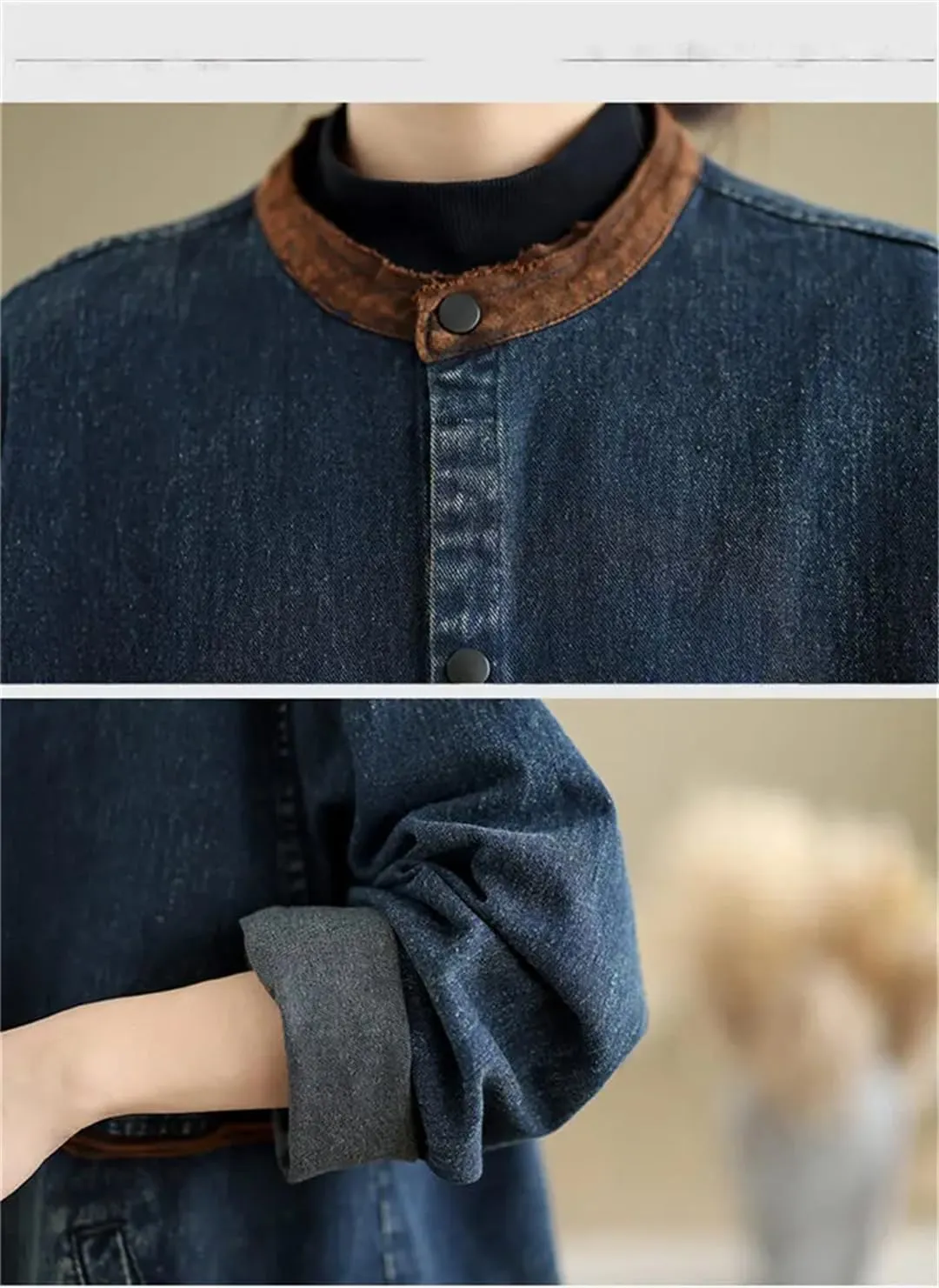 Vsadsau Women's Vintage Denim Jacket Crewneck Loose Casual Long Sleeve Buttons Jean Coats