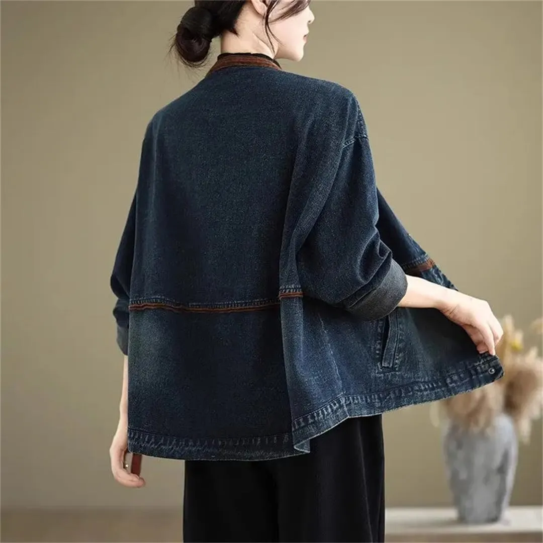 Vsadsau Women's Vintage Denim Jacket Crewneck Loose Casual Long Sleeve Buttons Jean Coats