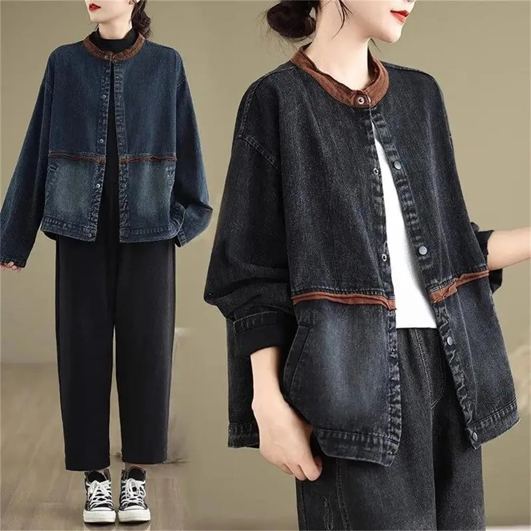 Vsadsau Women's Vintage Denim Jacket Crewneck Loose Casual Long Sleeve Buttons Jean Coats