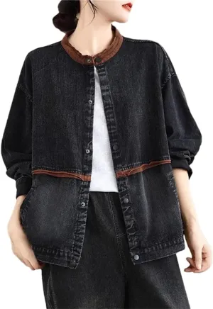 Vsadsau Women's Vintage Denim Jacket Crewneck Loose Casual Long Sleeve Buttons Jean Coats
