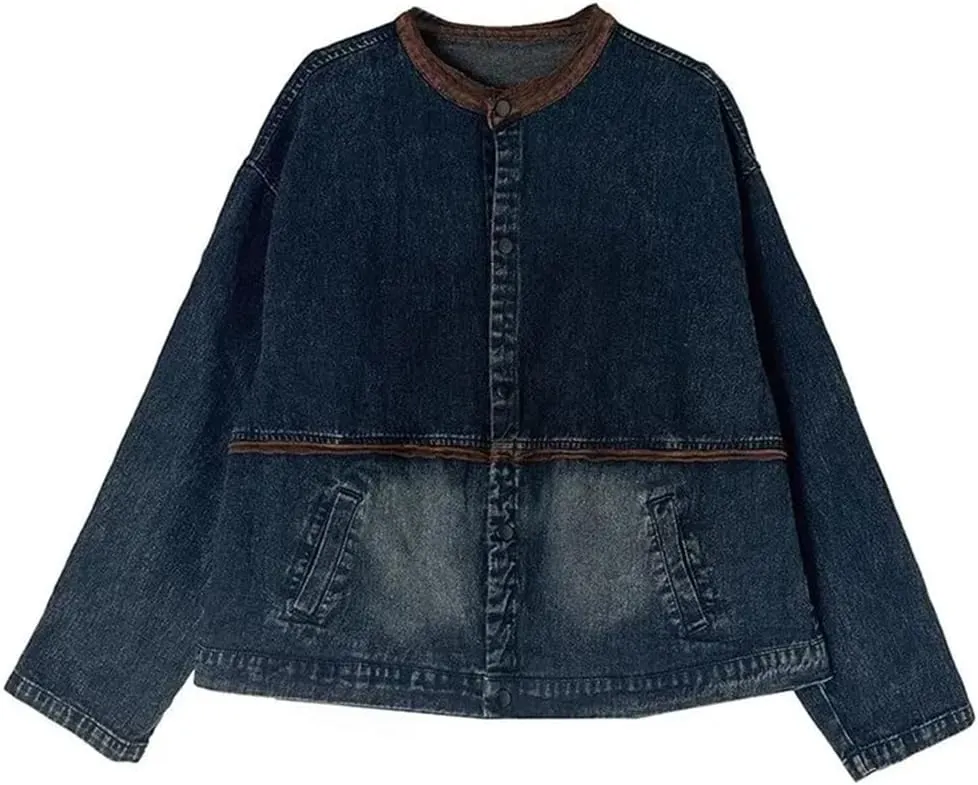 Vsadsau Women's Vintage Denim Jacket Crewneck Loose Casual Long Sleeve Buttons Jean Coats