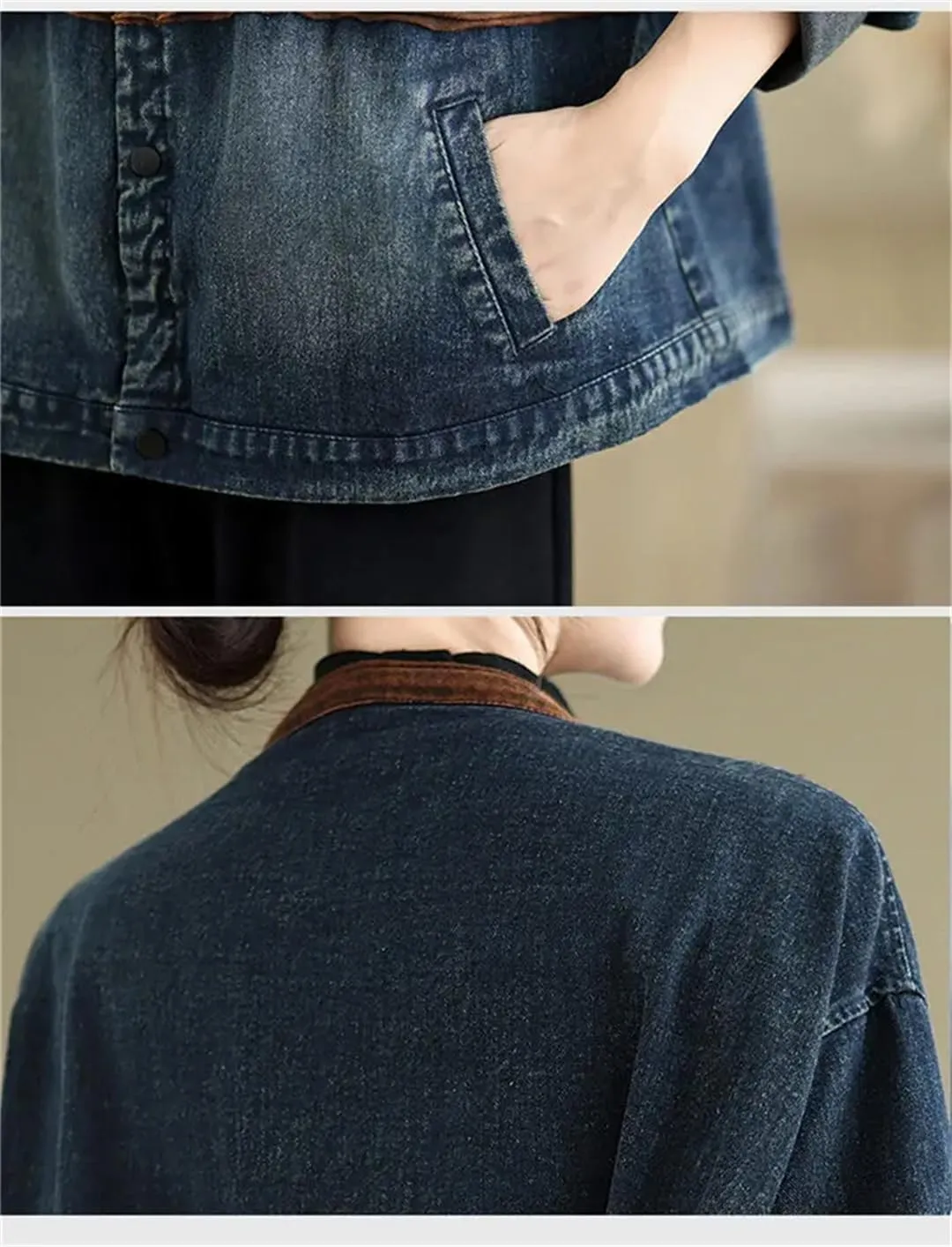 Vsadsau Women's Vintage Denim Jacket Crewneck Loose Casual Long Sleeve Buttons Jean Coats