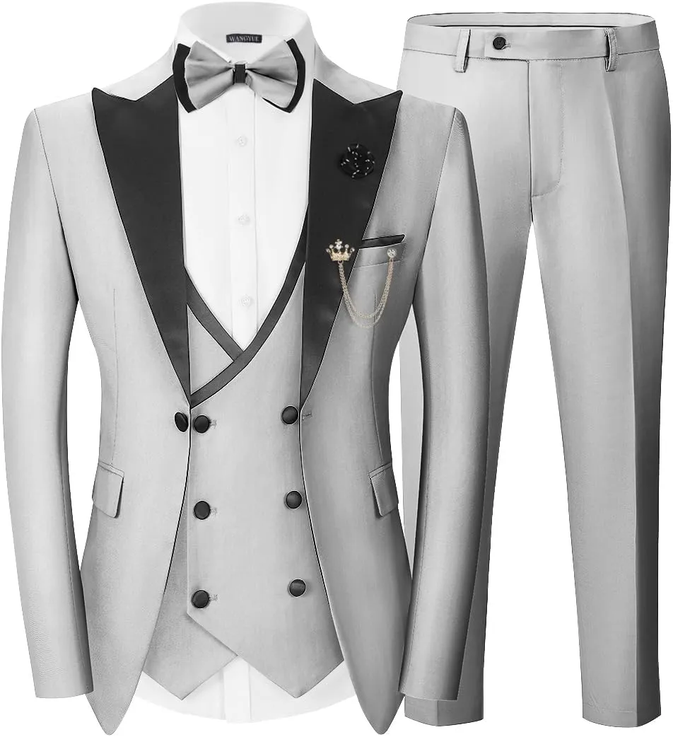 Wangyue Mens Tuxedo Suit for Men Double Breasted 3 Piece Slim Fit Suits for Wedding Suit Men Prom Suits Vest Pants Sets