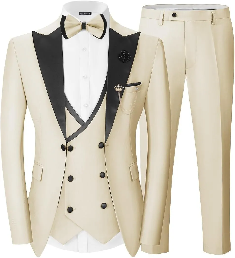 Wangyue Mens Tuxedo Suit for Men Double Breasted 3 Piece Slim Fit Suits for Wedding Suit Men Prom Suits Vest Pants Sets