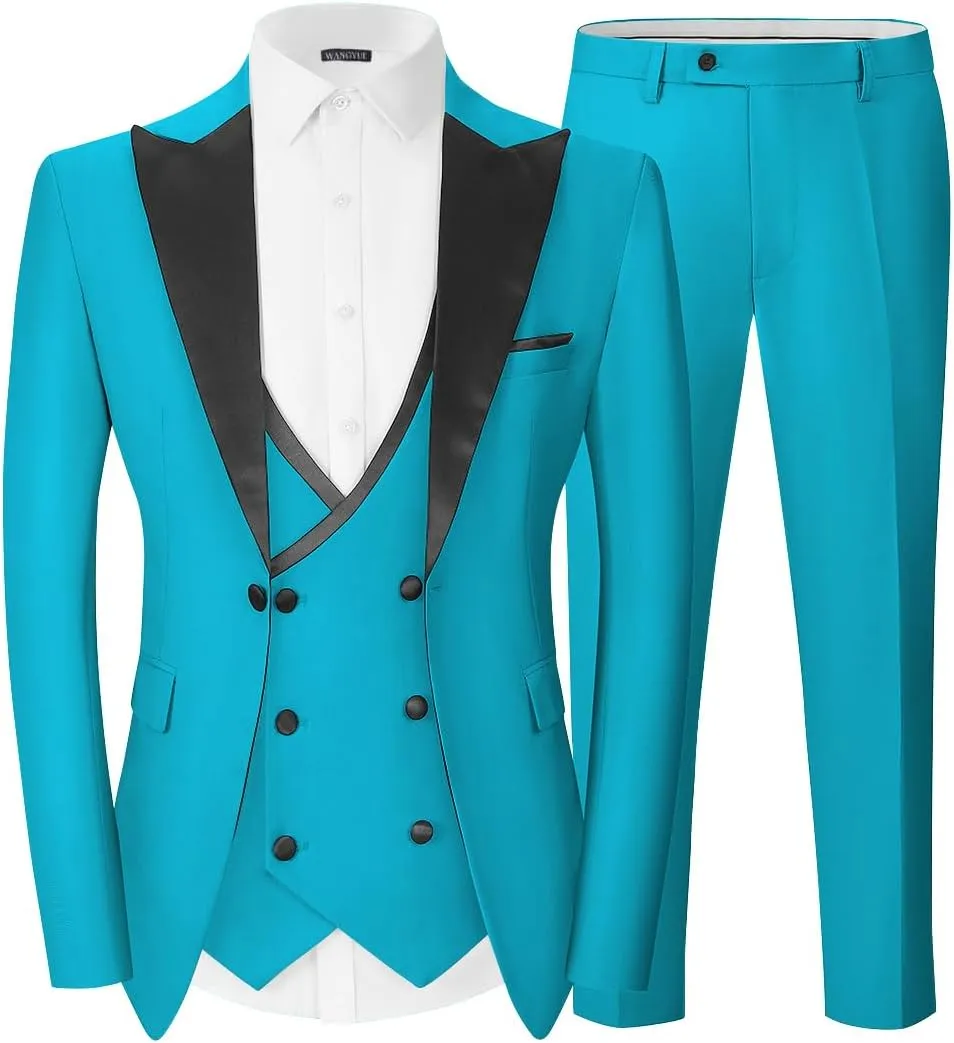 Wangyue Mens Tuxedo Suit for Men Double Breasted 3 Piece Slim Fit Suits for Wedding Suit Men Prom Suits Vest Pants Sets