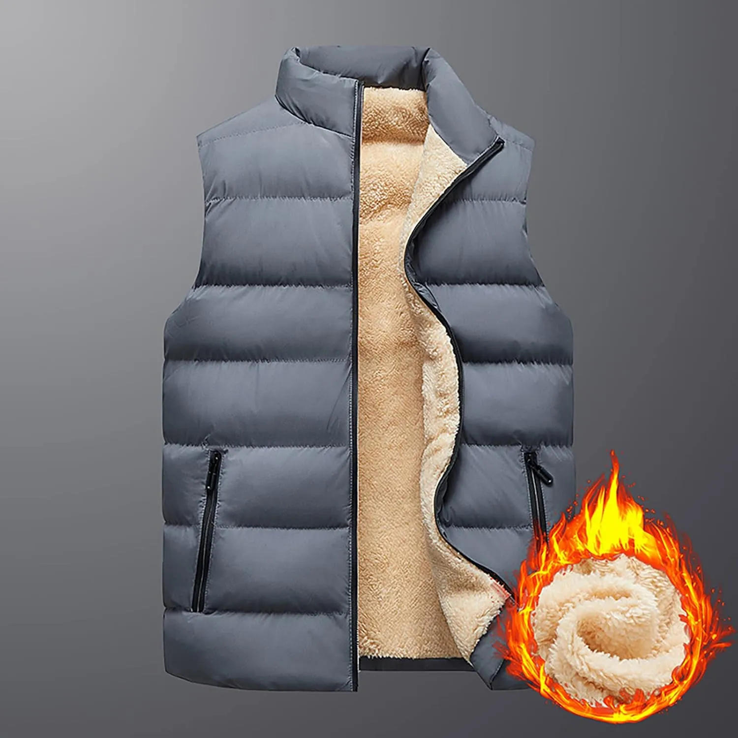 WENKOMG1 Winter Sherpa Lined Vest For Man,Solid Fleece Lined Packable Sleeveless Outerwear Zip Up Ski Vest Big And Tall
