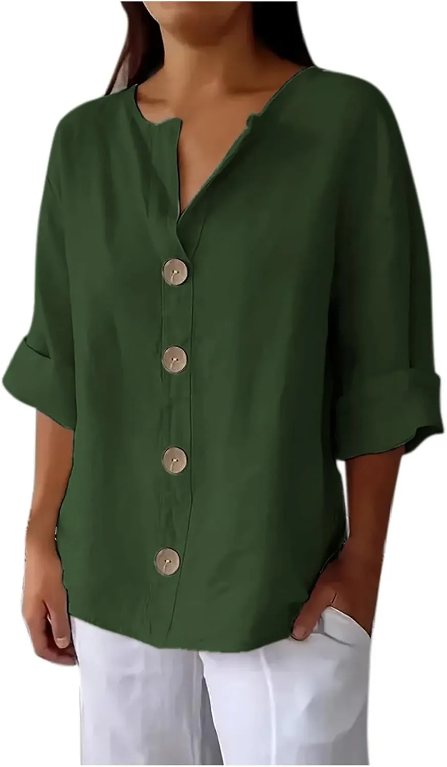 Women Button Front V Neck Tee Tops Summer Dressy Cotton Linen 3/4 Sleeve T-Shirts Casual Loose Fit Solid Work Blouses