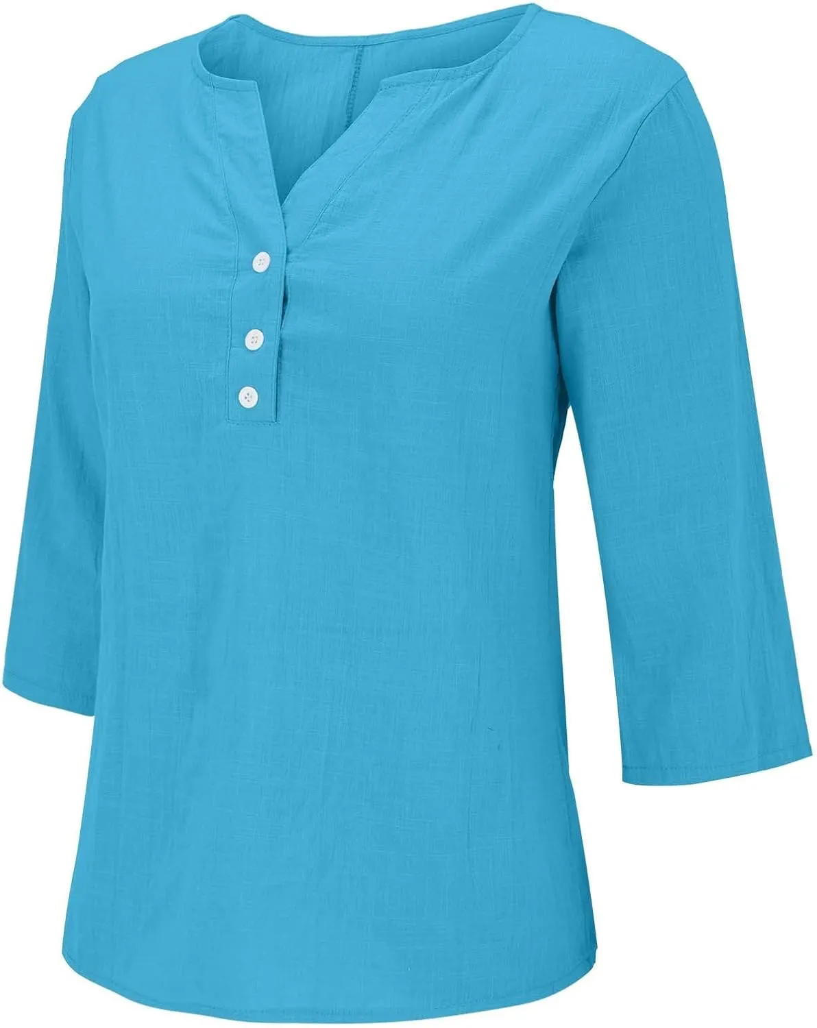 Women Casual 3/4 Sleeve Tops Summer Cotton Linen Shirts Button V Neck Blouses Relaxed Fit Shirt Pullover Basic Tees