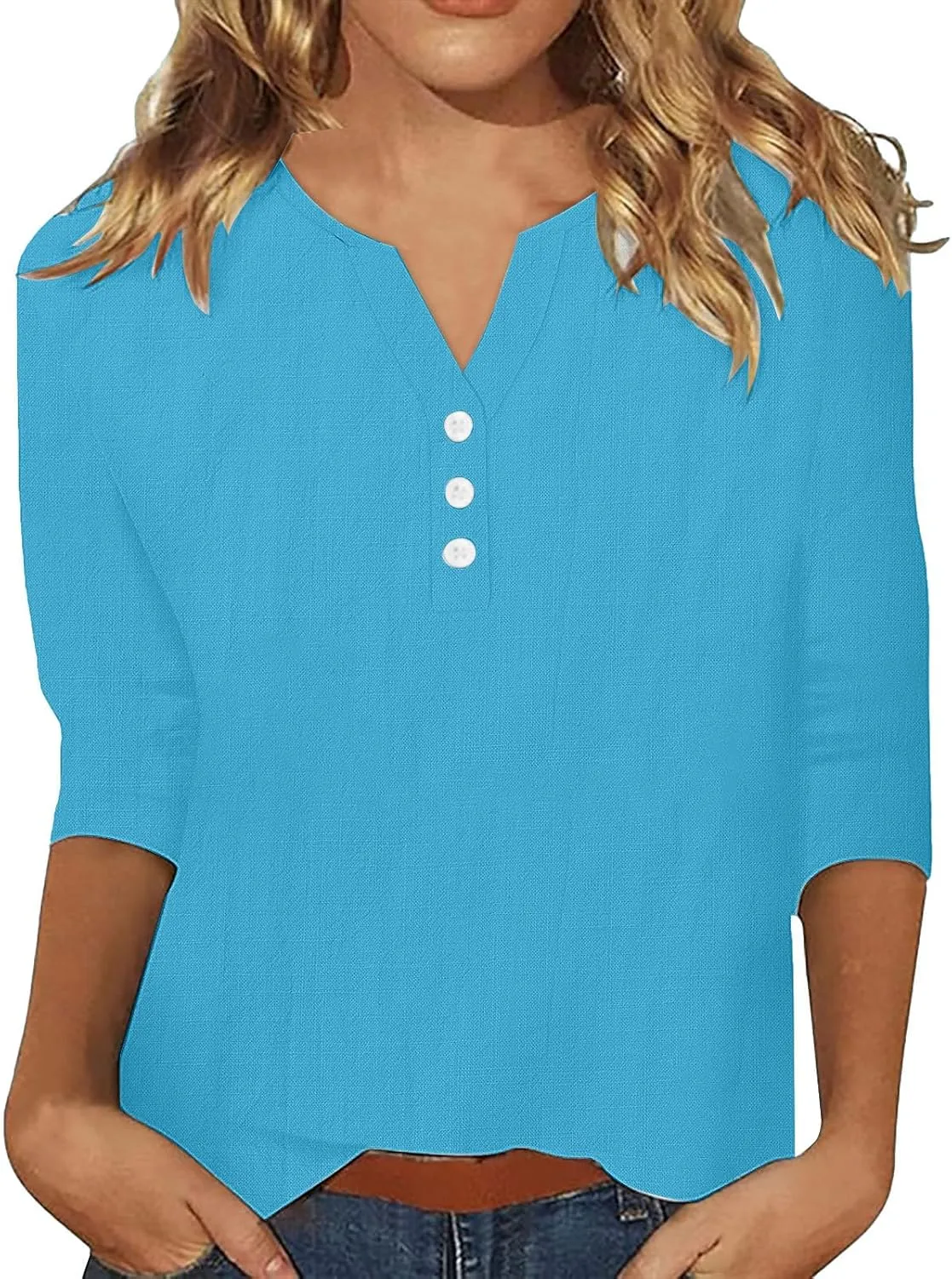 Women Casual 3/4 Sleeve Tops Summer Cotton Linen Shirts Button V Neck Blouses Relaxed Fit Shirt Pullover Basic Tees