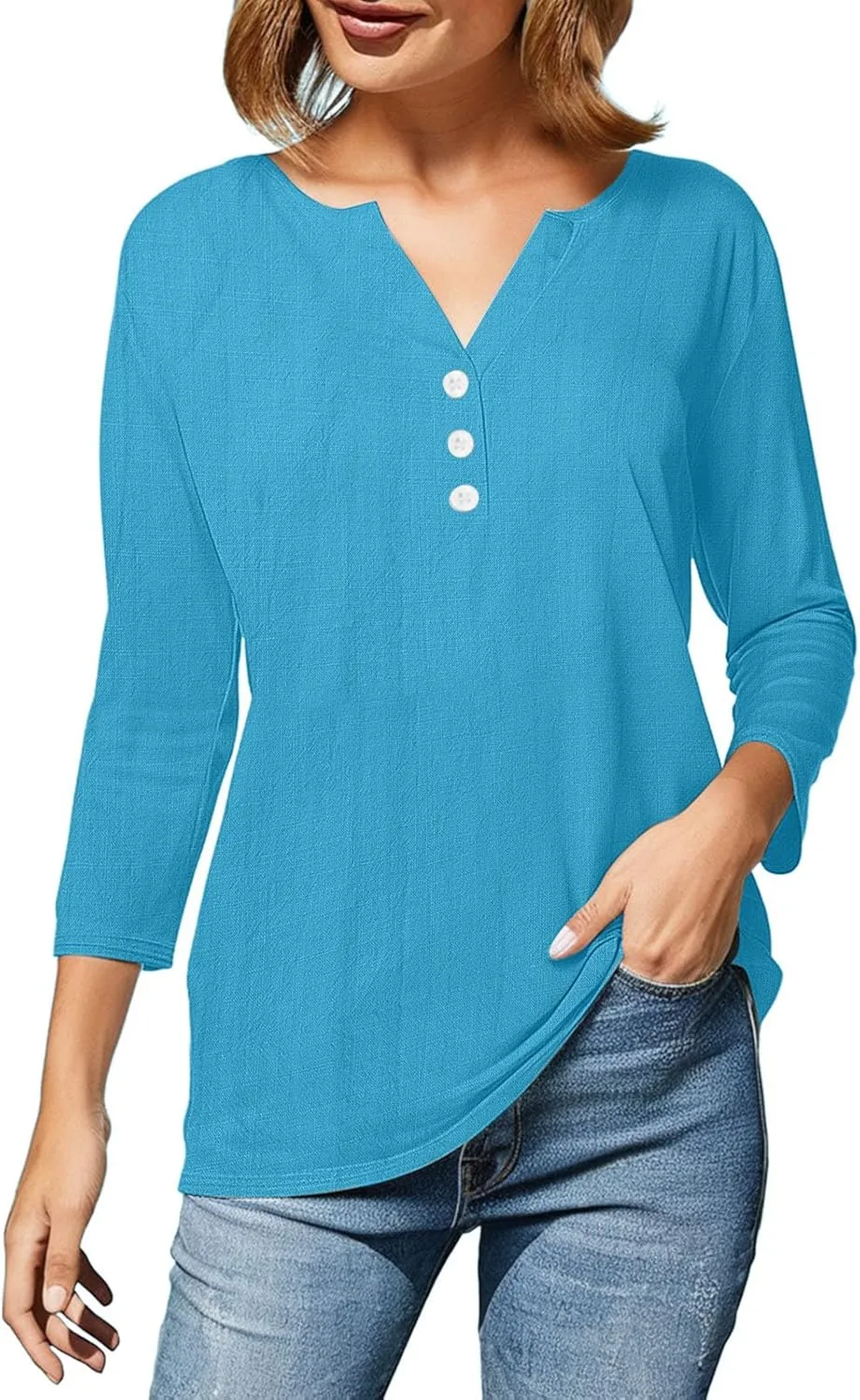Women Casual 3/4 Sleeve Tops Summer Cotton Linen Shirts Button V Neck Blouses Relaxed Fit Shirt Pullover Basic Tees