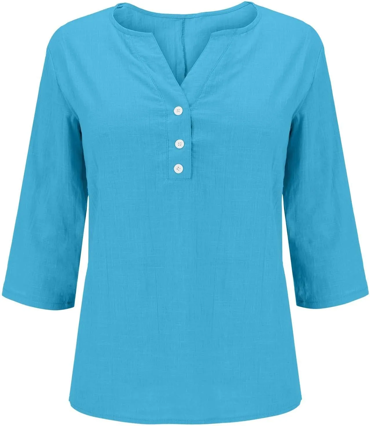 Women Casual 3/4 Sleeve Tops Summer Cotton Linen Shirts Button V Neck Blouses Relaxed Fit Shirt Pullover Basic Tees