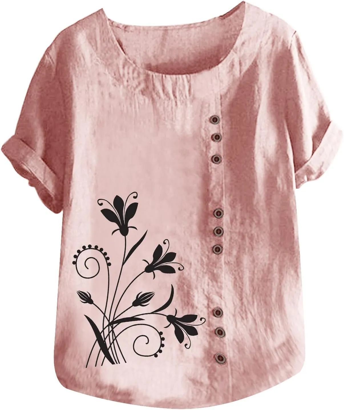 Women Cotton Linen Tshirt Tops Casual Loose Trendy Dandelion Floral Printed Tunic Tees Short Sleeve Plus Button Blouse