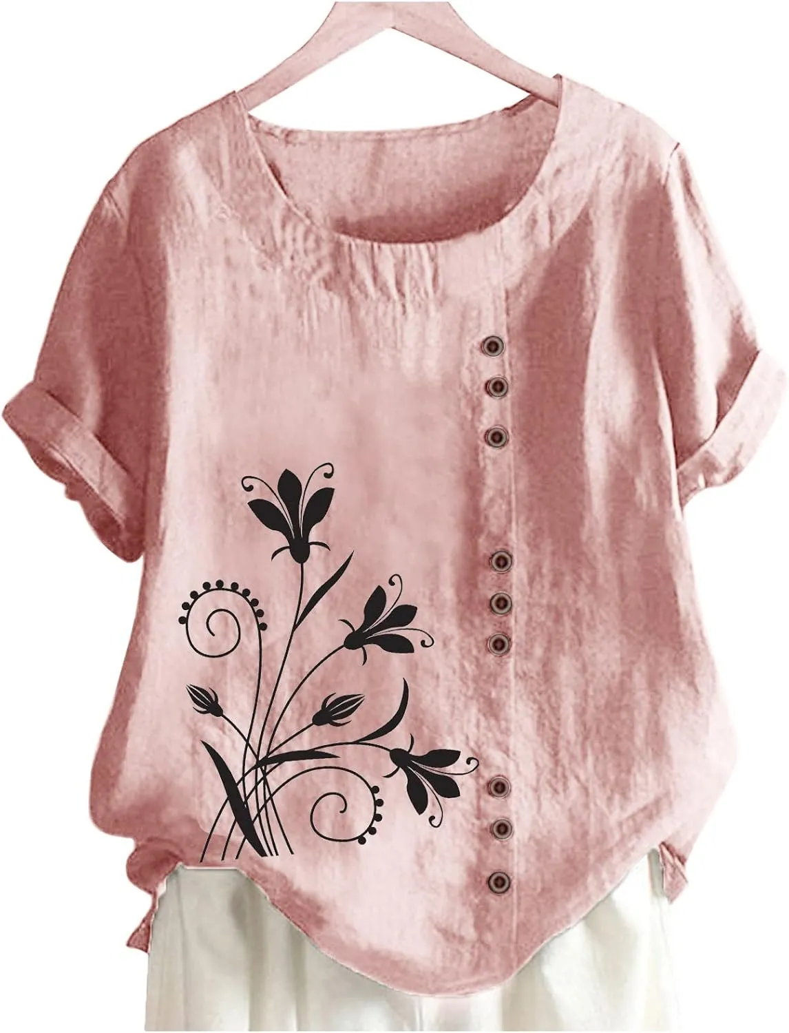 Women Cotton Linen Tshirt Tops Casual Loose Trendy Dandelion Floral Printed Tunic Tees Short Sleeve Plus Button Blouse