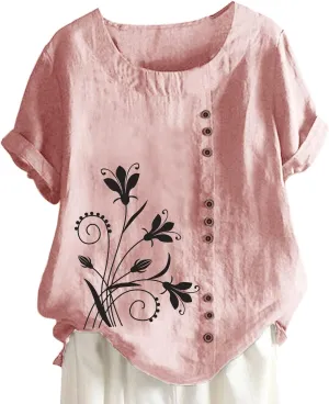 Women Cotton Linen Tshirt Tops Casual Loose Trendy Dandelion Floral Printed Tunic Tees Short Sleeve Plus Button Blouse